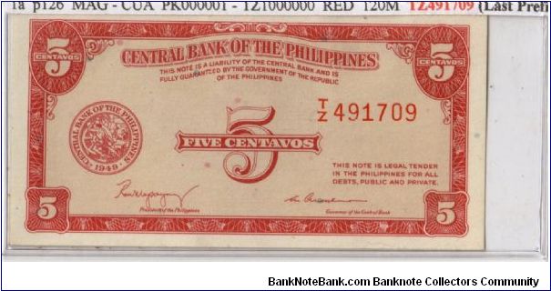 ENGLISH SERIES 5c 1a (p126) Magsaysay-Cuaderno T/Z491709 (Last Prefix) Banknote