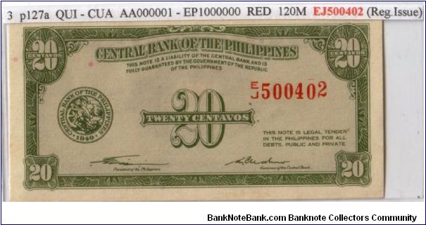 ENGLISH SERIES 20c 3 (p129a) Quirino-Cuaderno E/J500402 Banknote