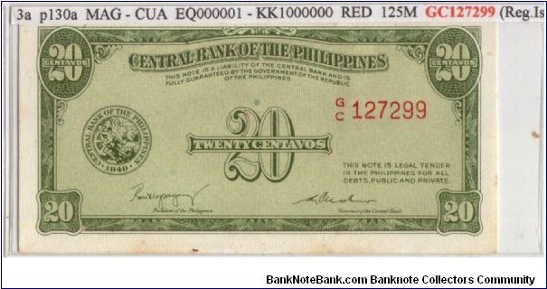 ENGLISH SERIES 20c 3a (p130a) Magsaysay-Cuaderno G/C127299 Banknote