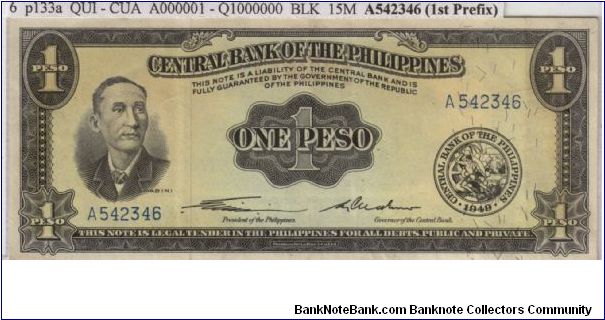 ENGLISH SERIES 1 Peso 6 (p133a) Quirino-Cuaderno A542346 GENUINE (1st Prefix) Banknote
