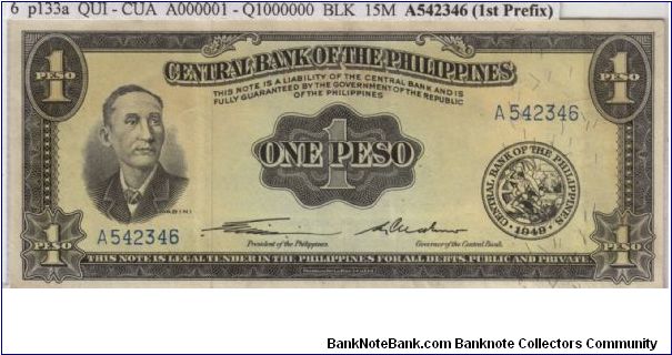 ENGLISH SERIES 1 Peso 6 (p133a) Quirino-Cuaderno A542346 GENUINE (1st Prefix) Banknote