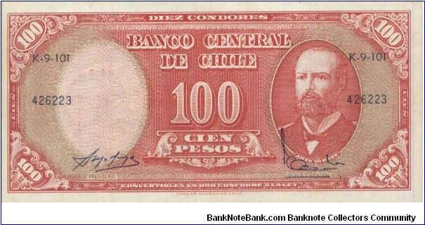 10 Centesimos de Escudo - overprint on reverse of 100 Pesos, Dated 1960-1961,Banco Central De Chile.
Obverse:Arturo Prat
Reverse:Santiago(Bird) Banknote