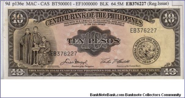 ENGLISH SERIES 10 Peso 9d (p136e) Macapagal-Castillo EB376227 Banknote