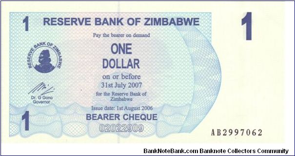 Zimbabwe $1 Bearer Cheque Banknote