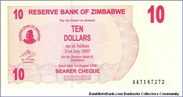 Zimbabwe $10 Bearer Cheque Banknote