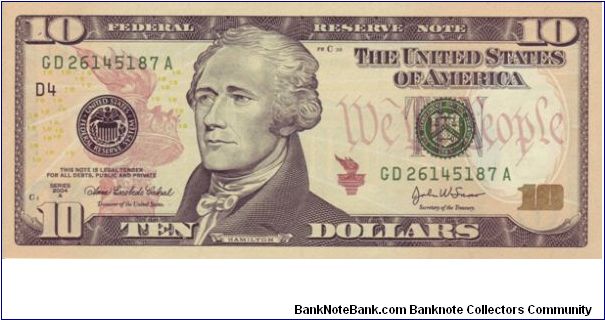 USA $10 note, new multicoloured 2004 series issue Banknote