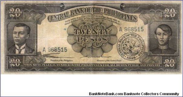 ENGLISH SERIES 20 Peso 10 (p137a) Quirino-Cuaderno A968515 ...A rare Philippine note, in any condition. Banknote