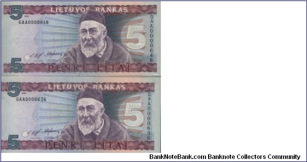 Running No:GAA0000646 & GAA0000636 5 Litai Series  Dated 1993,
Lietuvos Bankas 
obverse:Linguist Jonas Jablonskis
Reverse:Mother's School
Original Size: 135x65mm 
BID VIA EMAIL Banknote