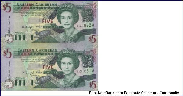 Running Series No:J131562A & J131561A 
5 Dollars Dated 2000
Obverse:Queen Elisabeth II & Turtle green-throated carib Reverse:Island map, Admiral's
House in Antigua , Barbuda & Trafalgar Falls in Dominica. 
Watermark:Queen Portrait
Size:145x69mm
BID VIA EMAIL Banknote