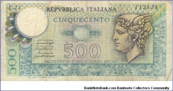 500 Lire 
Dated 1976
Repvbblica Italiana
Obverse:Woman Face
Reverse:Man & Horse.
Watermark:Star Banknote