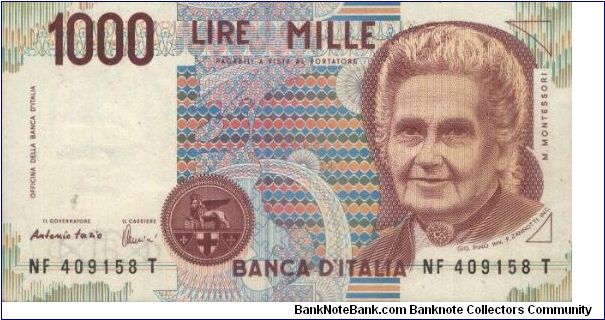 1000 Lire 
Date 1990 
Banca D'Italia
Obverse:M. Montessori
Reverse:Children Study
Watermark:Montessori Portrait Banknote