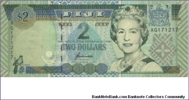 A Series No:AG171217

2 Dollars
Dated 1996 

Obverse:Queen Elisabeth II & Kaka bird 

Reverse:Fijian family

Watermark:Man Face

Size:155x67mm Banknote