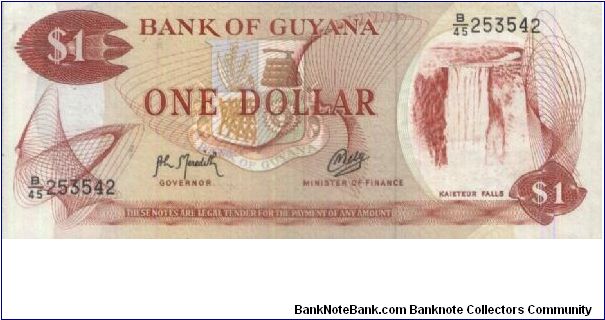 1 Dollar 

Dated 1992,
Bank of Guyana

Obverse: Kaieteur Falls 

Reverse:Rice Harvesting & Black Bush Polder

Security Thread:Yes Banknote