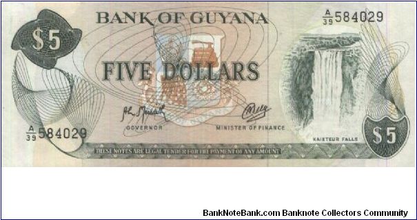 A Series No:A/39 584029

5 Dollars 

Dated 1989,
Bank of Guyana

Obverse:Kaieteur Falls

Reverse:Conveyor & Cane Sugar Cutting

Security Thread:Yes Banknote