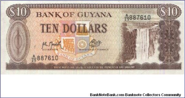 A Series No:A/25 887610

10 Dollars 

Dated 1966-1989,
Bank of Guyana

Obverse:Kaieteur Falls 

Reverse:Bauxite Mining &  Alumina Plant

Security Thread:Yes Banknote