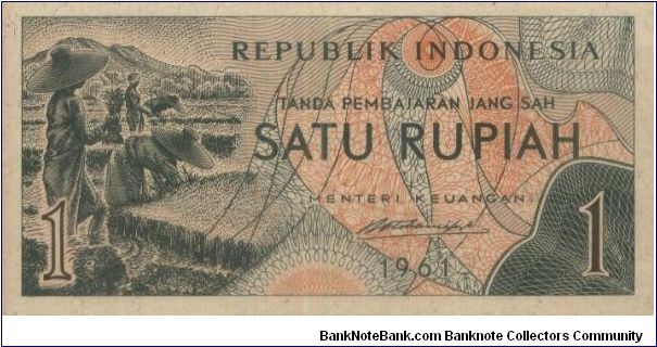 1961 2nd Series Food & Cloths.

1 Rupiah Dated 1961

Signed By RM Notohamiprodjo

Obverse:Peasant

Reverse:Cassava & 
Corn 

Size:120x60mm Banknote