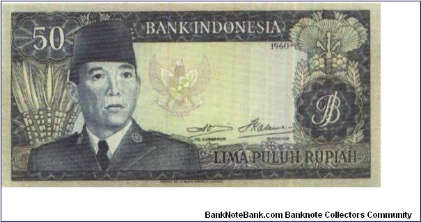 Soekarno Series!
50 Rupiah dated 1960

Signed by:Soetikno Slamet & Indra Kasoema

Obverse:Soekarno 

Reverse:A Female dancer

Printed by:Thomas De La Rue & Company Limited,London

Watermark:Soekarno & Buffalo

Size:158x77mm Banknote