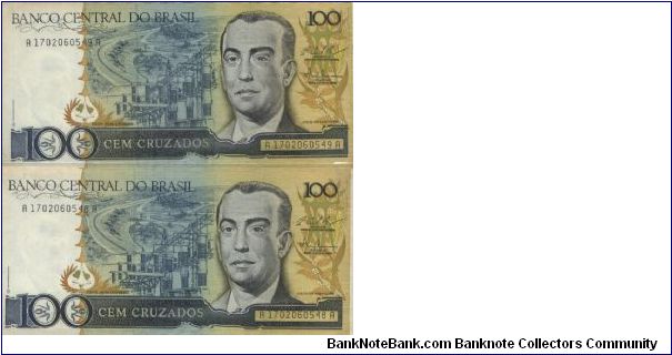 Running AA Series 
No:A1702060549A & A172060548A 

100 Cruzados Dated 1987

Obverse:President J. Kubitschek

Watermark:Yes

BID VIA EMAIL Banknote