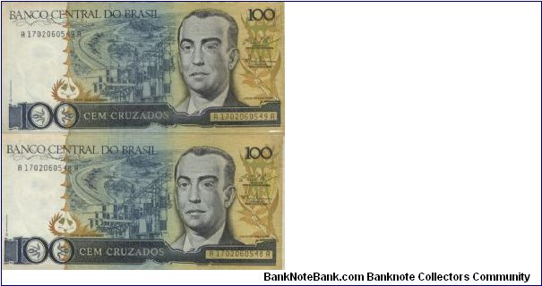 Running AA Series 
No:A1702060549A & A172060548A 

100 Cruzados Dated 1987

Obverse:President J. Kubitschek

Watermark:Yes

BID VIA EMAIL Banknote