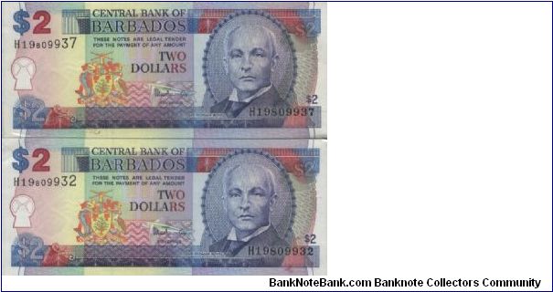 Running Series No:H19809937 & H19809932
2 Dollars dated 
2000

Obverse:John Redman Bovell

Reverse:Trafalgar Square in Bridgetown

Printed By Thomas De La Rue & Company 
Limited,London

Watermark:Yes

BID VIA EMAIL Banknote