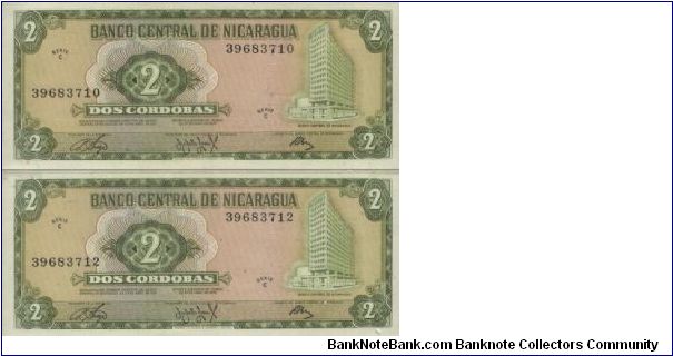 Running Series No:39683712 & 39683710 
2 Cordobas Dated 27 April 1972

Obverse:Banco Central De Nicaragua Building

Reverse:Sembradio De Algodon

Printed By Thomas De La Rue & Company 
Limited,London

Security Thread: Yes

BID VIA EMAIL Banknote