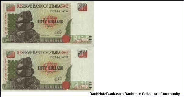 Running Series No:FE7461676 & FE7461675 
50 Dollars dated 1994, 
Reserve Bank Of Zimbabwe

Obverse:Chiremba Balancing Rocks

Reverse:Ruins

Watermark:Bird

BID VIA EMAIL Banknote