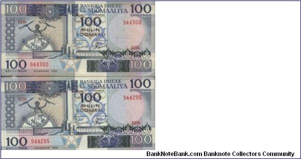 Running Series No:
943000 & 943295

100 Shilin Dated 1989,Central Bank Of Somalia

Obverse:Dagathur Monument

Reverse:Factory

Watermark:Yes

BID VIA EMAIL Banknote
