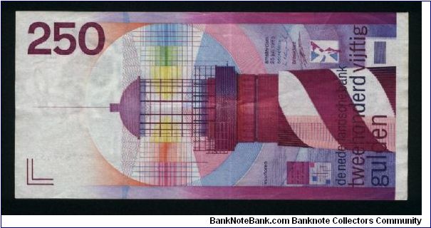 250 Gulden.

Issued in 1986.

Lighthouse in vertical format on face; map and lighthouse on back.

Pick #98a Banknote