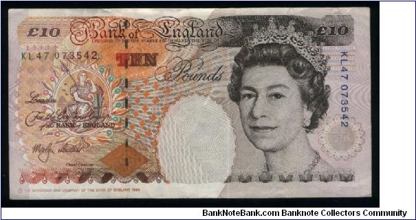 10 Pounds.

Modified Issue; value at upper right corner on back.

Queen Elizabeth II at right, Britannia at left on face; cricket match at left, Charles Dickens at right on back.

Pick #386b Banknote