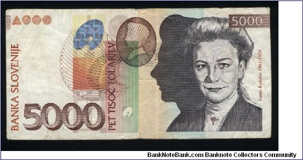 5,000 Tolarjev.

I. Kobilika at right on face; National Gallery in Ljubljana at upper left on back.

Pick #33 Banknote