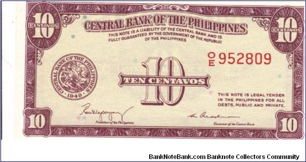 PI-128 English series 10 centavos note with signature 2 variety. Banknote