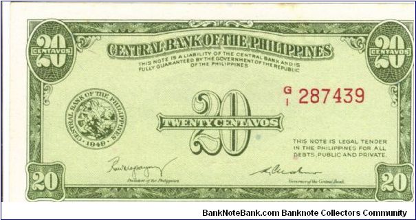 PI-130a English series 20 centavos note with signature variety 2. Banknote