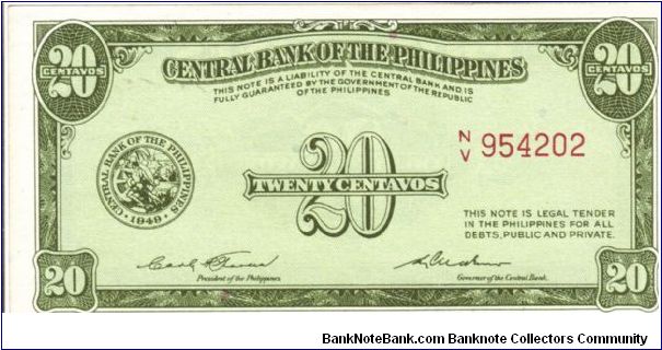 PI-130b English series 20 centavos note with signature variety 3. Banknote