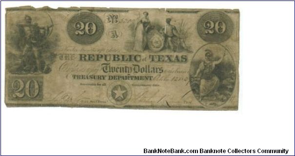 Republic of Texas $20 Redback note from when Texas was a republic before joining the Union.  Signed by the 3rd president of the Republic of Texas, Mireabeu B. Lamar

The reverse didn't come out too good once shrunk down to post. It has a 5 pointed star in the center with the letters T E X A S between the points and scrolls on each side. Banknote