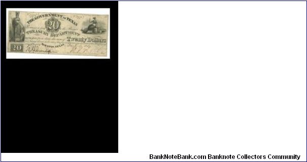 Government of Texas $20 interest bearing banknote. These were the precursers of the Redback notes. This one also signed by 3rd president of the Republic of Texas, Mirabeau B. Lamar Banknote