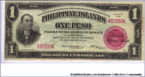 PI-60a RARE Philippine Islands 1 Peso note with Francis Burton Harrison and A. P. Fitzsimmons signatures. Banknote