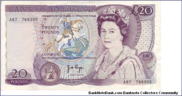 Series D £20 from 1970.  First note of the Series D releases, the back depicts playwright William Shakespeare.

This is an early release as it has Queen Elizabeth II as the watermark instead of William Shakespeare Banknote