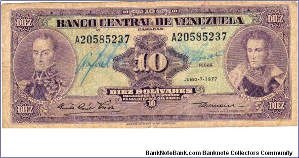 Denominacion: 10 Bolivares Banknote