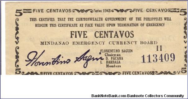 S-501 Mindanao 5 Centavos note. Banknote