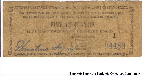 S-481a RARE Mindanao 5 Centavos note. Banknote