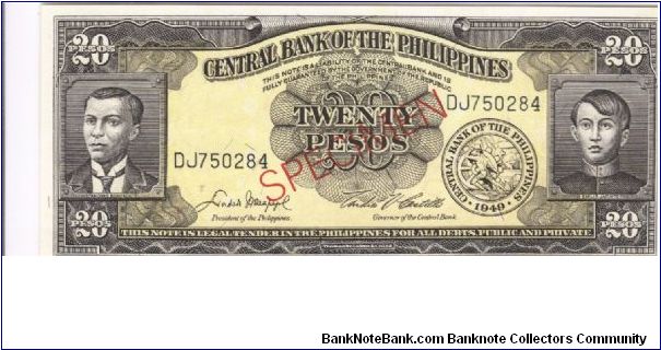 PI-137s4 Central Bank of the Philippines 20 Pesos Specimen note. Banknote