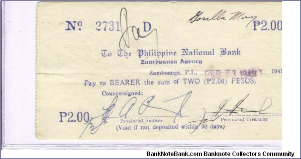 RARE Philippine National Bank Zamboanga Agency 2 Pesos check. Banknote