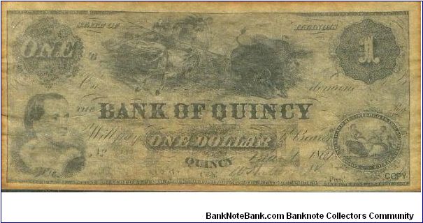 Copy of a note from The Bank of Quincy in Qunicy, IL. Banknote