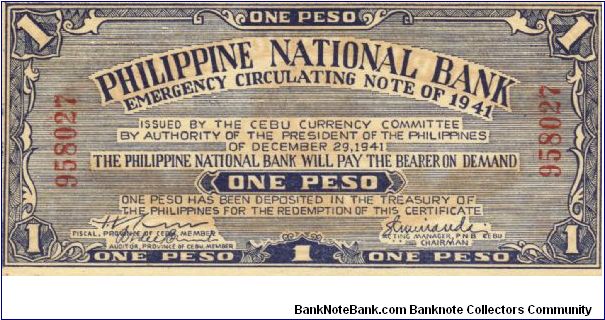 S-215 Cebu 1 Peso note. Banknote