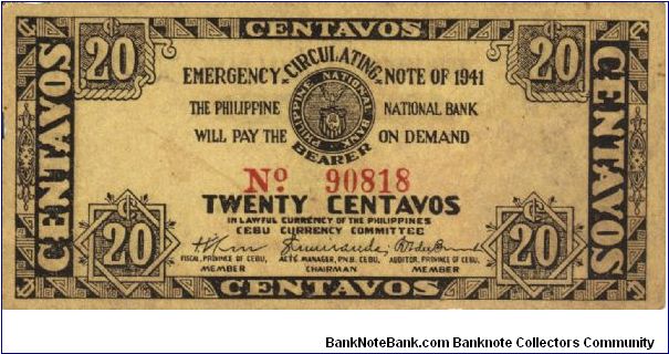 S-213 Cebu 20 Centavos note. Banknote