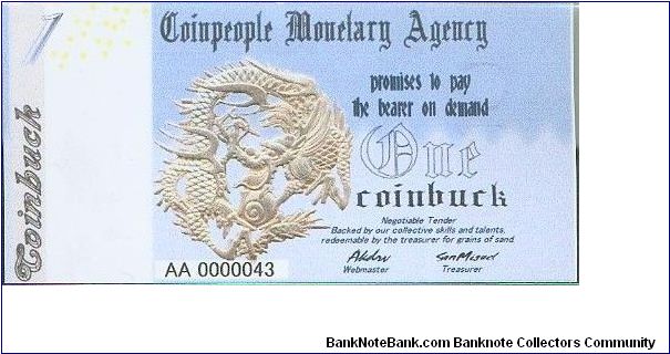 Coinpeople Monetary Agency 1 Coinbuck 2005 Banknote