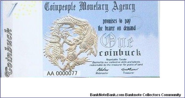 Coinpeople Monetary Agency 1 Coinbuck 2005 Banknote