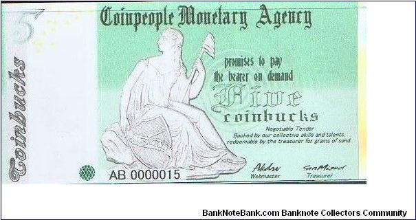 Coinpeople Monetary Agency 5 Coinbucks 2005 Banknote