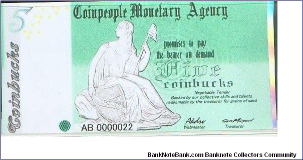 Coinpeople Monetary Agency 5 Coinbucks 2005 Banknote