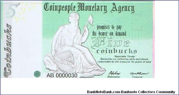 Coinpeople Monetary Agency 5 Coinbucks 2005 Banknote